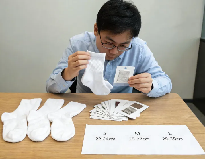 Buyer comparing sports sock construction samples