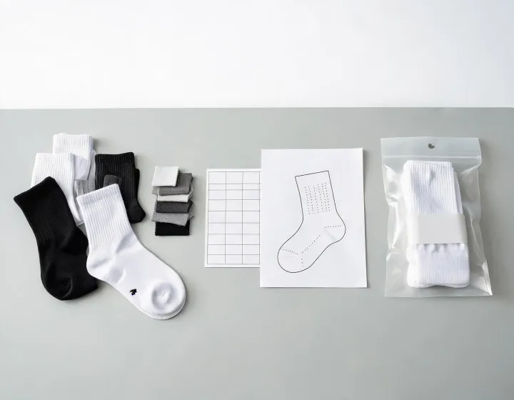 Sports socks arranged with yarn swatches, size chart and packaging brief